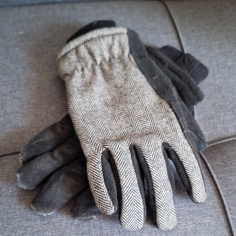 Womens Leather And Wool Herringbone Gloves